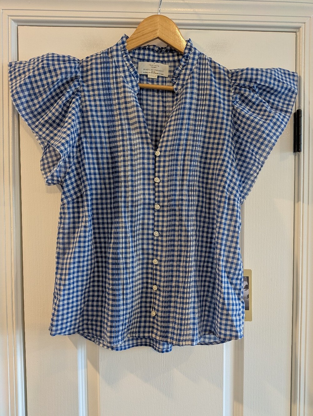 Trovata Birds of Paradise Marianne Shirt Gingham Button Up Blue White Size M NWT - Picture 3 of 16